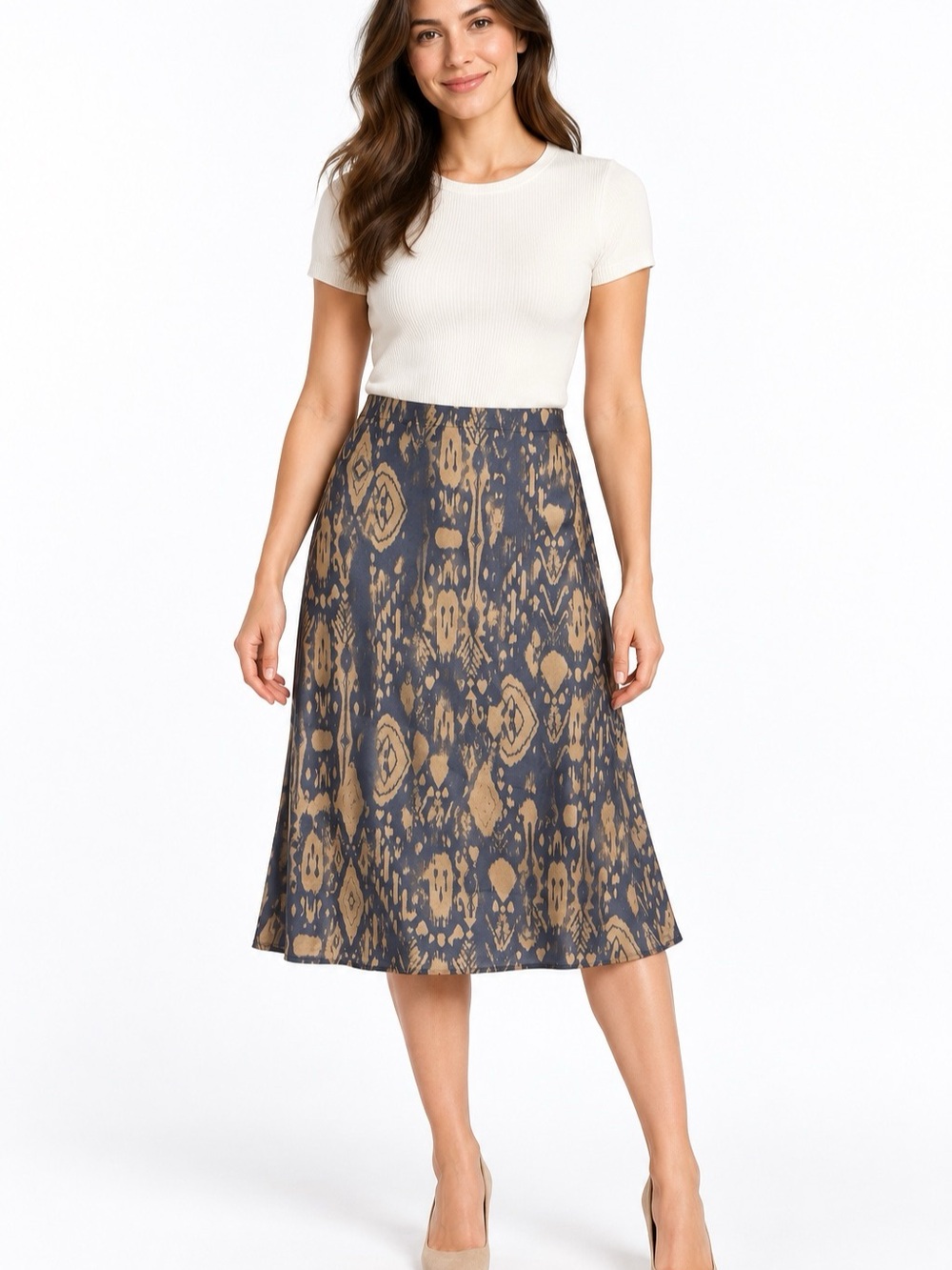Dress Forum Macie Satin Midi Skirt S NWT Ikat Print A-Line Blue Tan Boho Chic